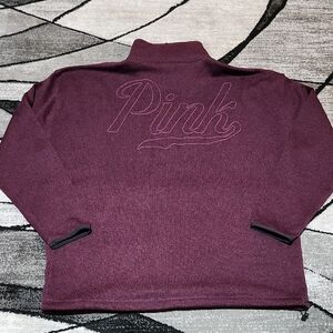 VS PINK 2019 EMBROIDERED CAMPUS MAROON QUARTER-ZIP KNIT SWEATSHIRT